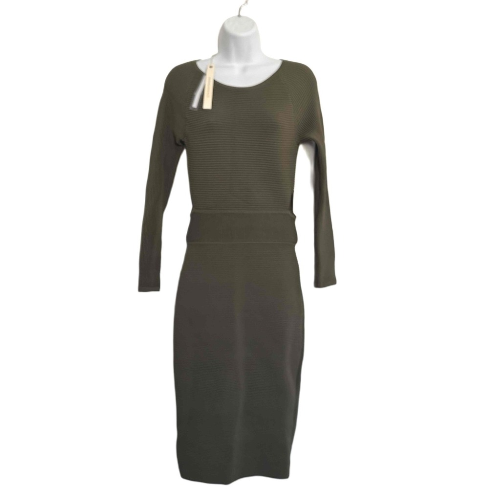 Jonathan‎ Simkhai Midi Dress Small Army Green Ribbed Cut-Out Long Sleeve Bodycon